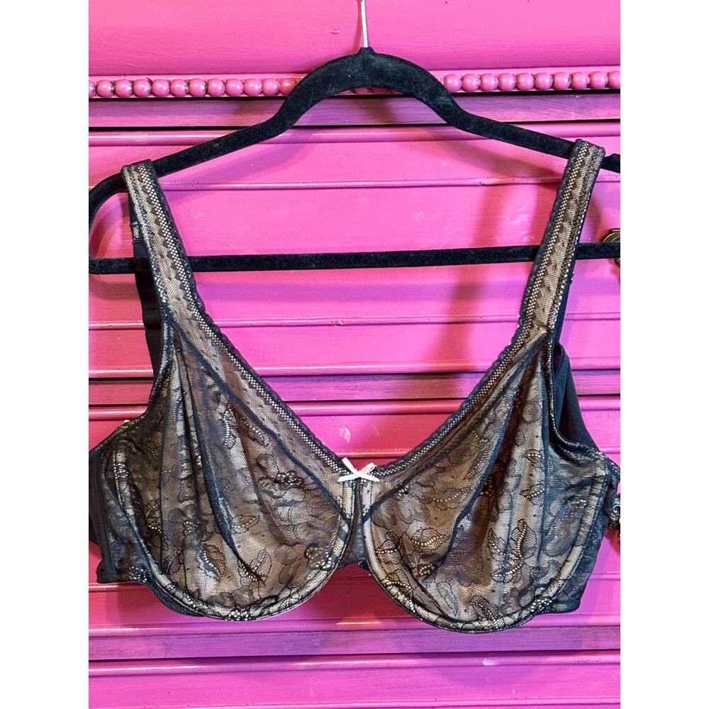 Cacique Lane Bryant 44C Cream Underwire Unlined/Black Mesh Accented Bra